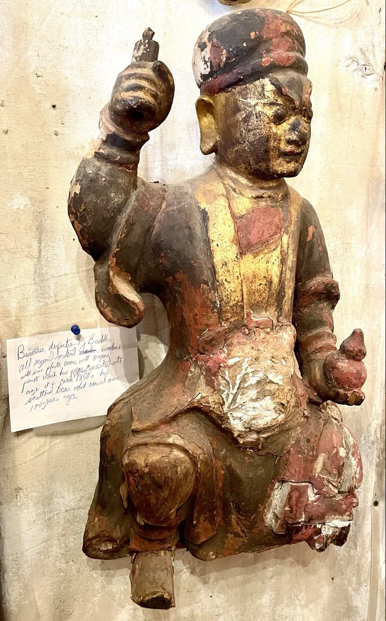 19th Century Burmese Depiction Of A Buddha W/original Carved Wood, Paint And Plaster