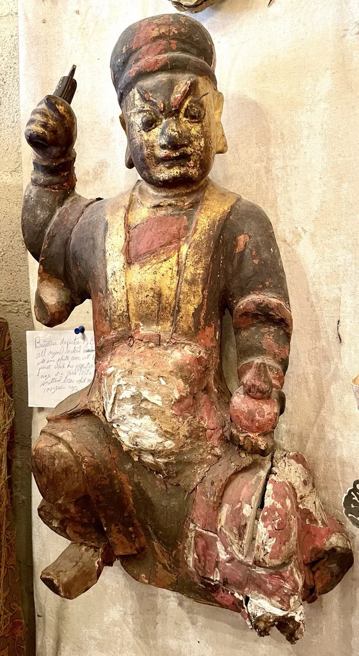 19th Century Burmese Depiction Of A Buddha W/original Carved Wood, Paint And Plaster