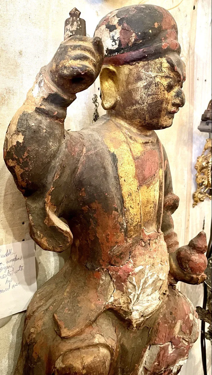 19th Century Burmese Depiction Of A Buddha W/original Carved Wood, Paint And Plaster