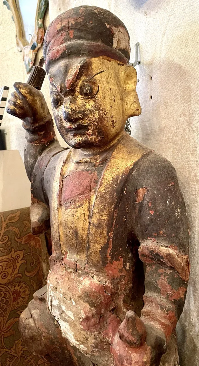 19th Century Burmese Depiction Of A Buddha W/original Carved Wood, Paint And Plaster