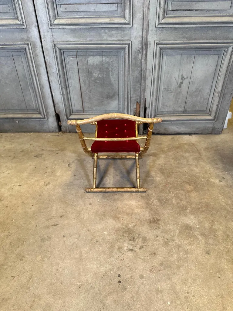 Antique French Faux Bamboo Gilt Folding Stool in Velvet
