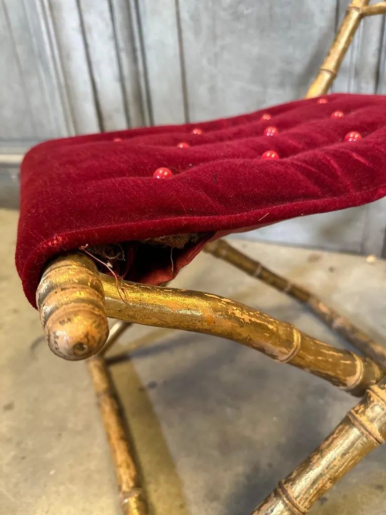 Antique French Faux Bamboo Gilt Folding Stool in Velvet