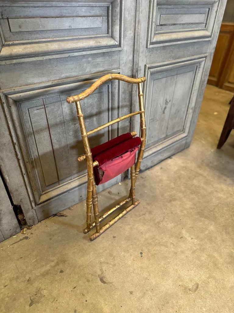 Antique French Faux Bamboo Gilt Folding Stool in Velvet