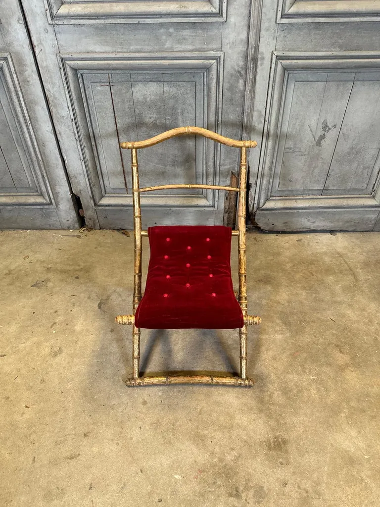 Antique French Faux Bamboo Gilt Folding Stool in Velvet