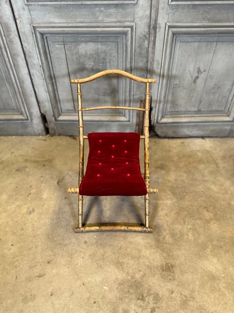 Antique French Faux Bamboo Gilt Folding Stool in Velvet