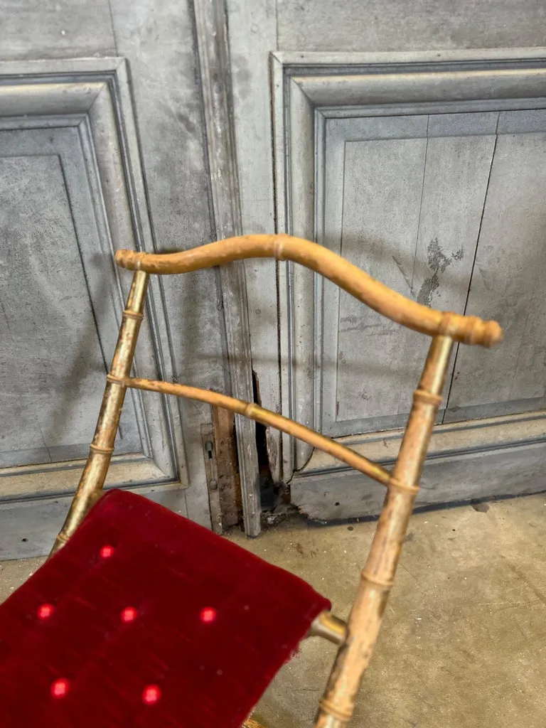 Antique French Faux Bamboo Gilt Folding Stool in Velvet