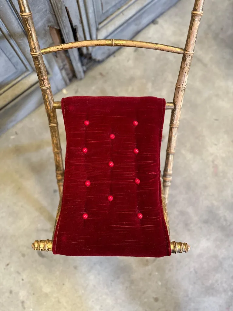 Antique French Faux Bamboo Gilt Folding Stool in Velvet