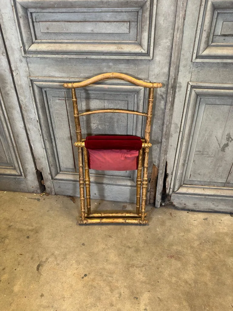 Antique French Faux Bamboo Gilt Folding Stool in Velvet