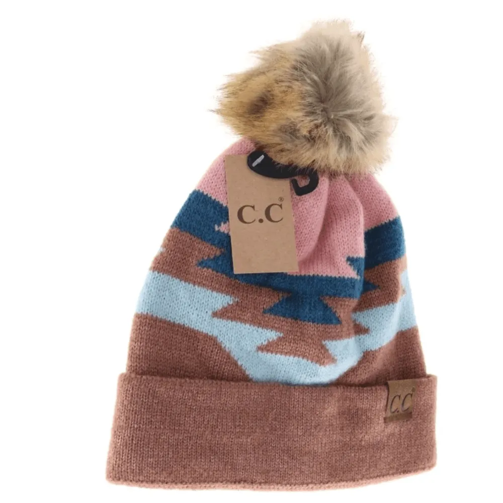 Aztec Natural Faux Fur Pom C.C Beanie
