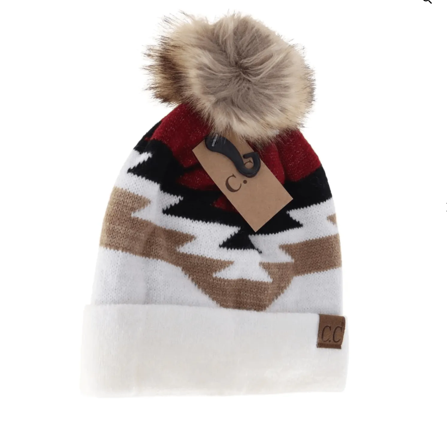 Aztec Natural Faux Fur Pom C.C Beanie