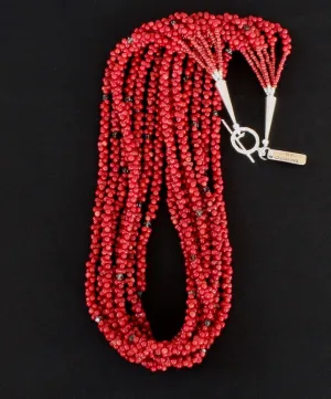 Bamboo Coral 7-Strand Necklace with Czech Glass, Red Pote Beads, and Sterling Silver Cones & Toggle Clasp