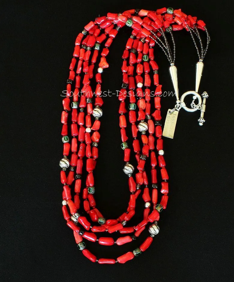 Bamboo Coral Cylinder Bead 5-Strand Necklace with Smoky Quartz Heishi & Rounds, Picasso Green Czech Glass Ovals, Fire Polished Glass, and Sterling Silver Beads, Cones & Toggle Clasp