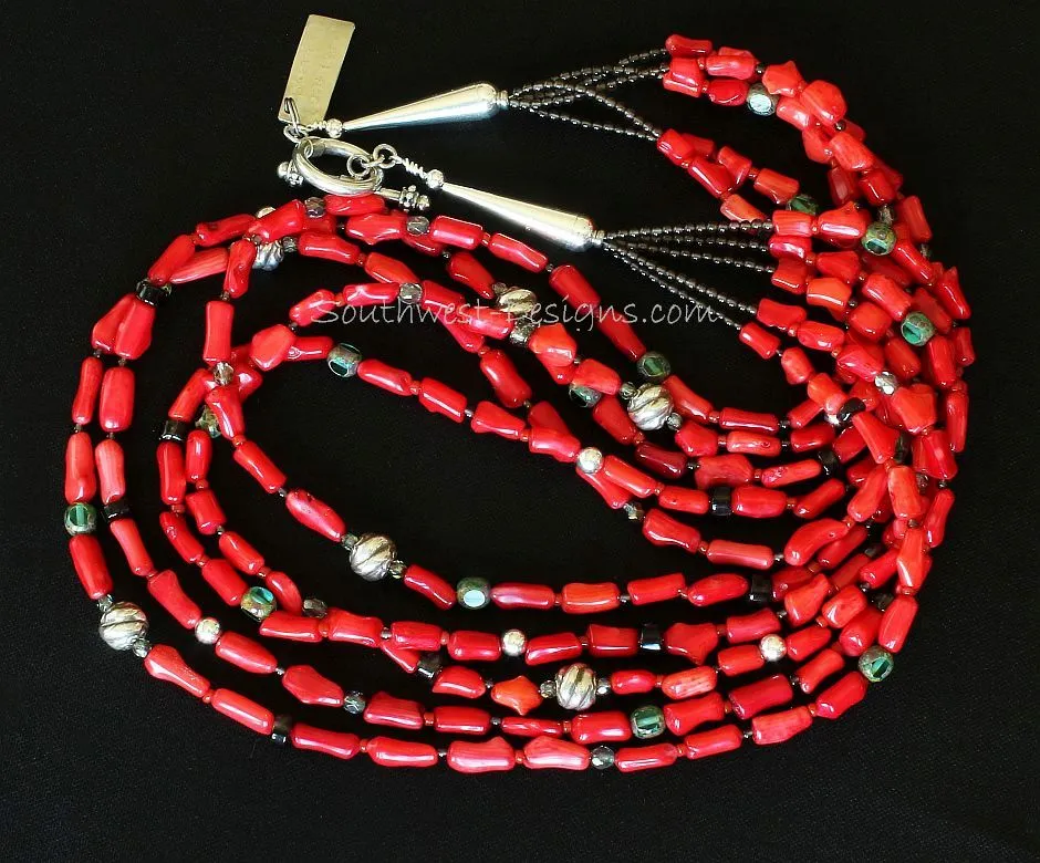 Bamboo Coral Cylinder Bead 5-Strand Necklace with Smoky Quartz Heishi & Rounds, Picasso Green Czech Glass Ovals, Fire Polished Glass, and Sterling Silver Beads, Cones & Toggle Clasp