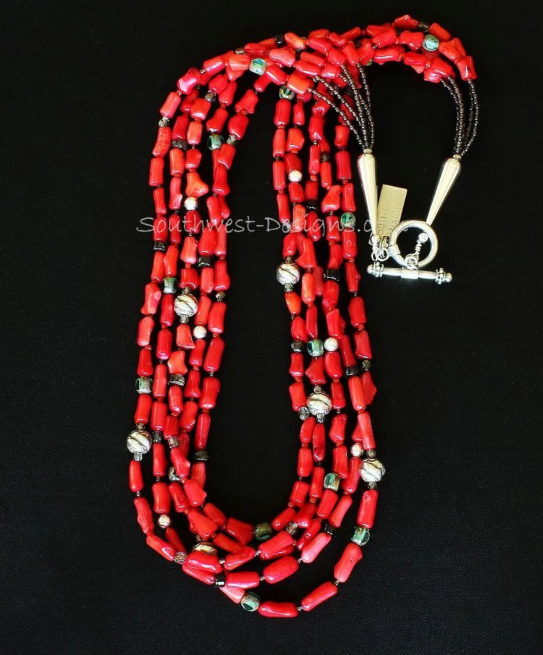 Bamboo Coral Cylinder Bead 5-Strand Necklace with Smoky Quartz Heishi & Rounds, Picasso Green Czech Glass Ovals, Fire Polished Glass, and Sterling Silver Beads, Cones & Toggle Clasp