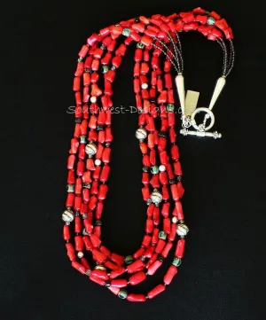 Bamboo Coral Cylinder Bead 5-Strand Necklace with Smoky Quartz Heishi & Rounds, Picasso Green Czech Glass Ovals, Fire Polished Glass, and Sterling Silver Beads, Cones & Toggle Clasp