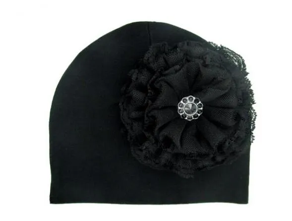 Black Cotton Hat with Black Lace Rose