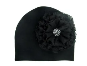Black Cotton Hat with Black Lace Rose