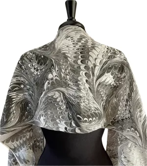 Black gray white combed  water marbled 8mm Habotai silk.  Hang on the wall, use as a table runner or wear this unique piece