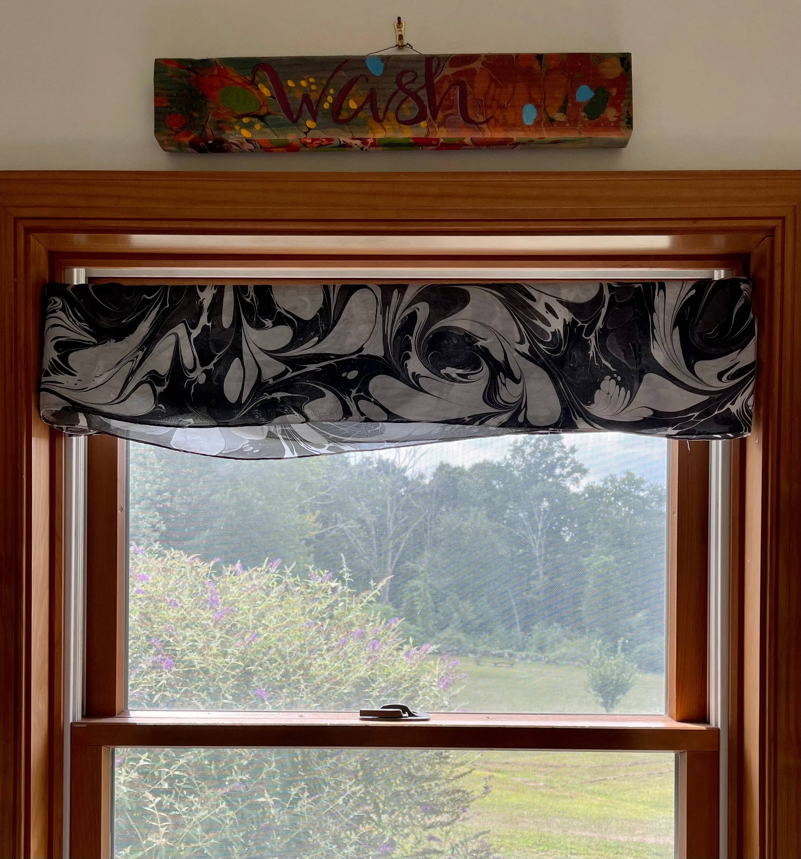 Black gray white combed  water marbled 8mm Habotai silk.  Hang on the wall, use as a table runner or wear this unique piece