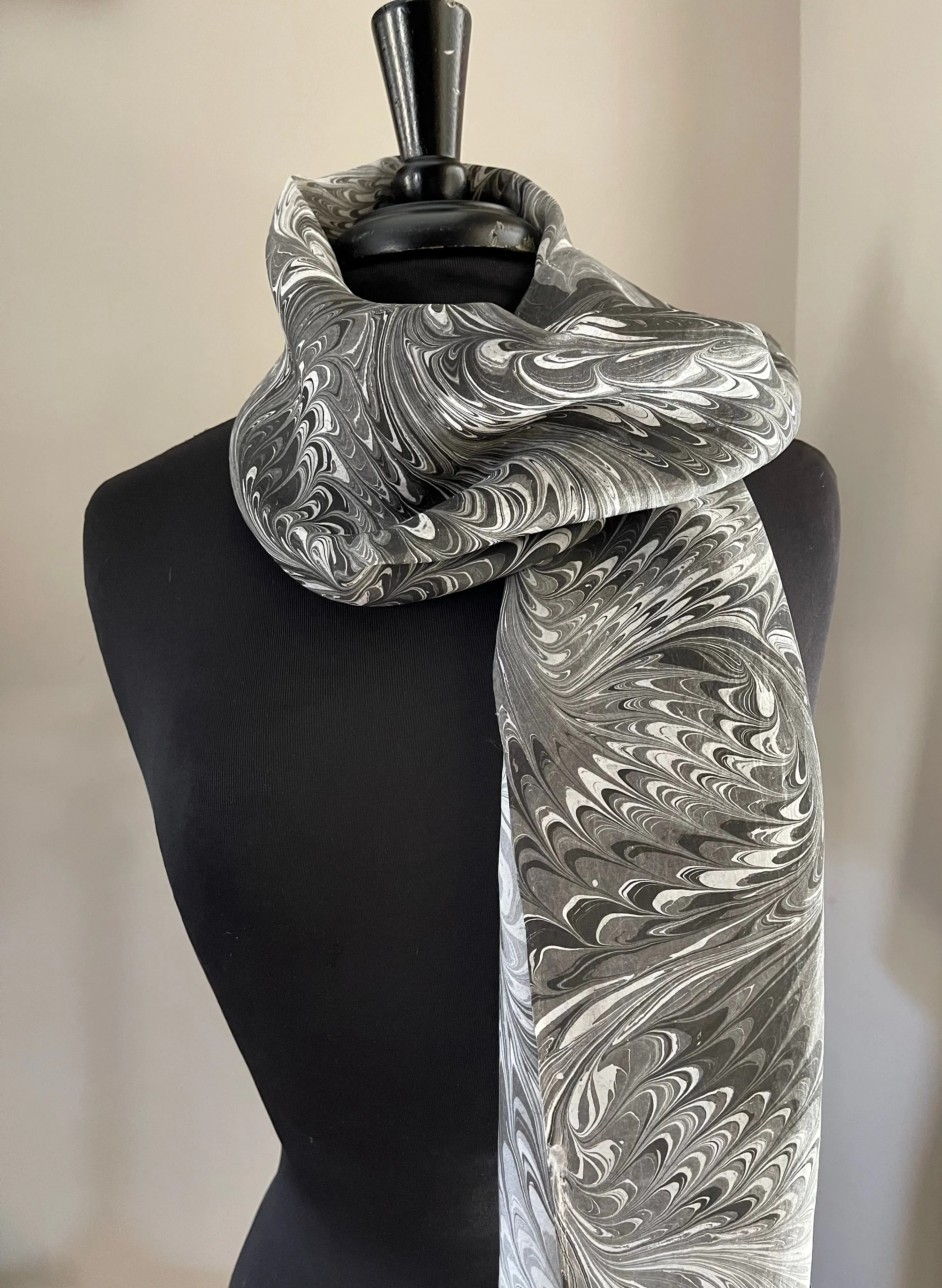 Black gray white combed  water marbled 8mm Habotai silk.  Hang on the wall, use as a table runner or wear this unique piece