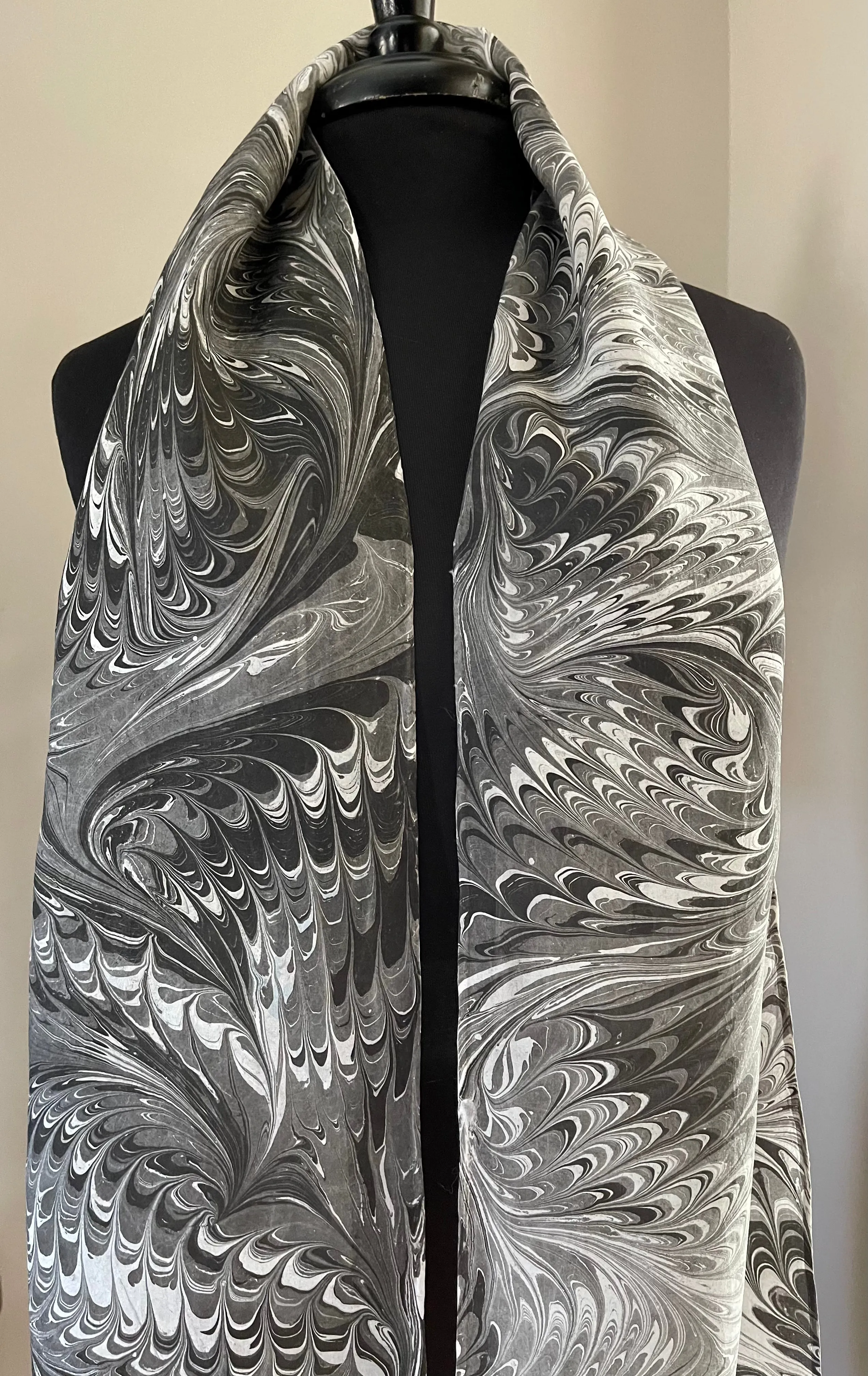 Black gray white combed  water marbled 8mm Habotai silk.  Hang on the wall, use as a table runner or wear this unique piece