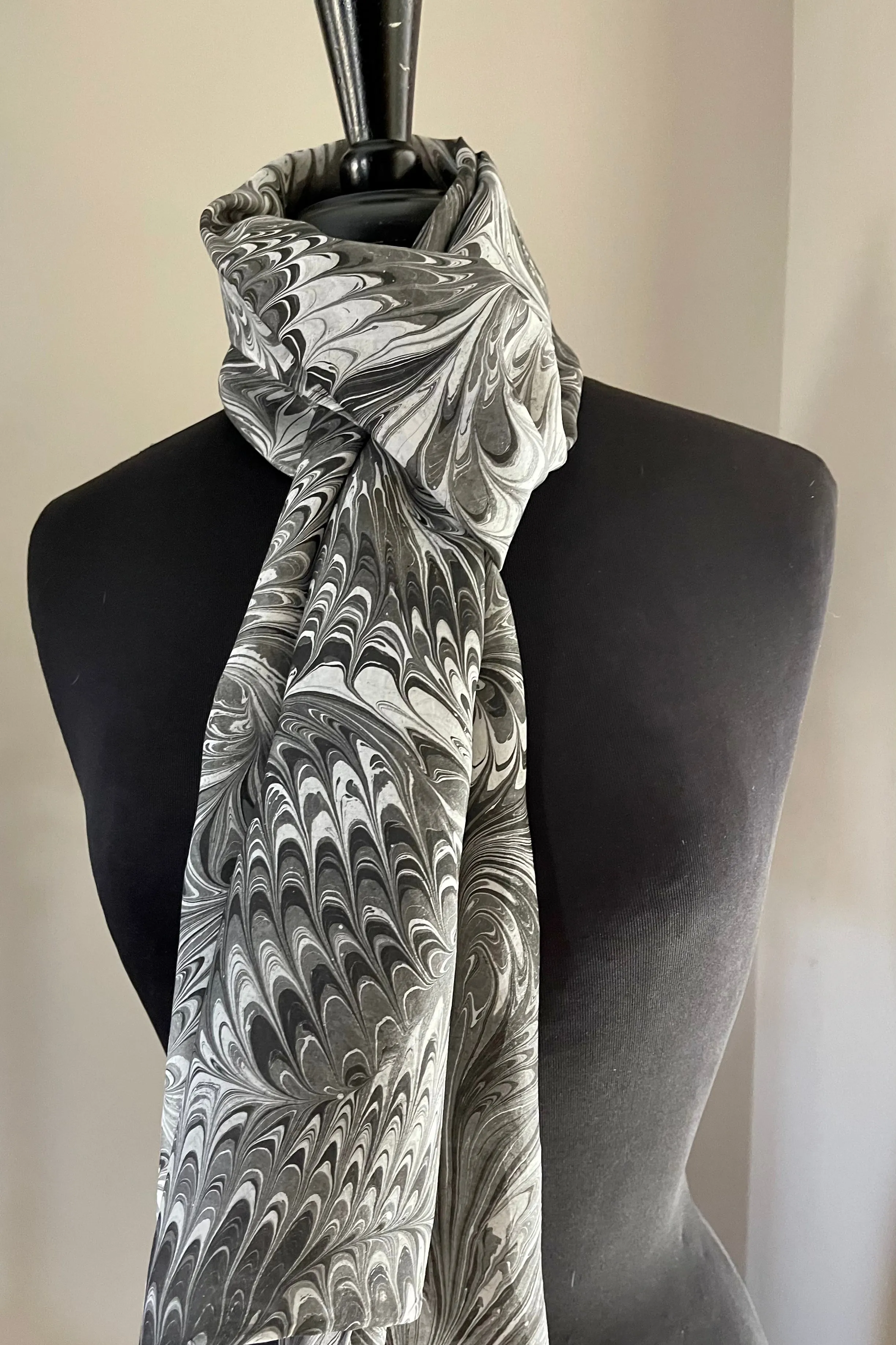 Black gray white combed  water marbled 8mm Habotai silk.  Hang on the wall, use as a table runner or wear this unique piece