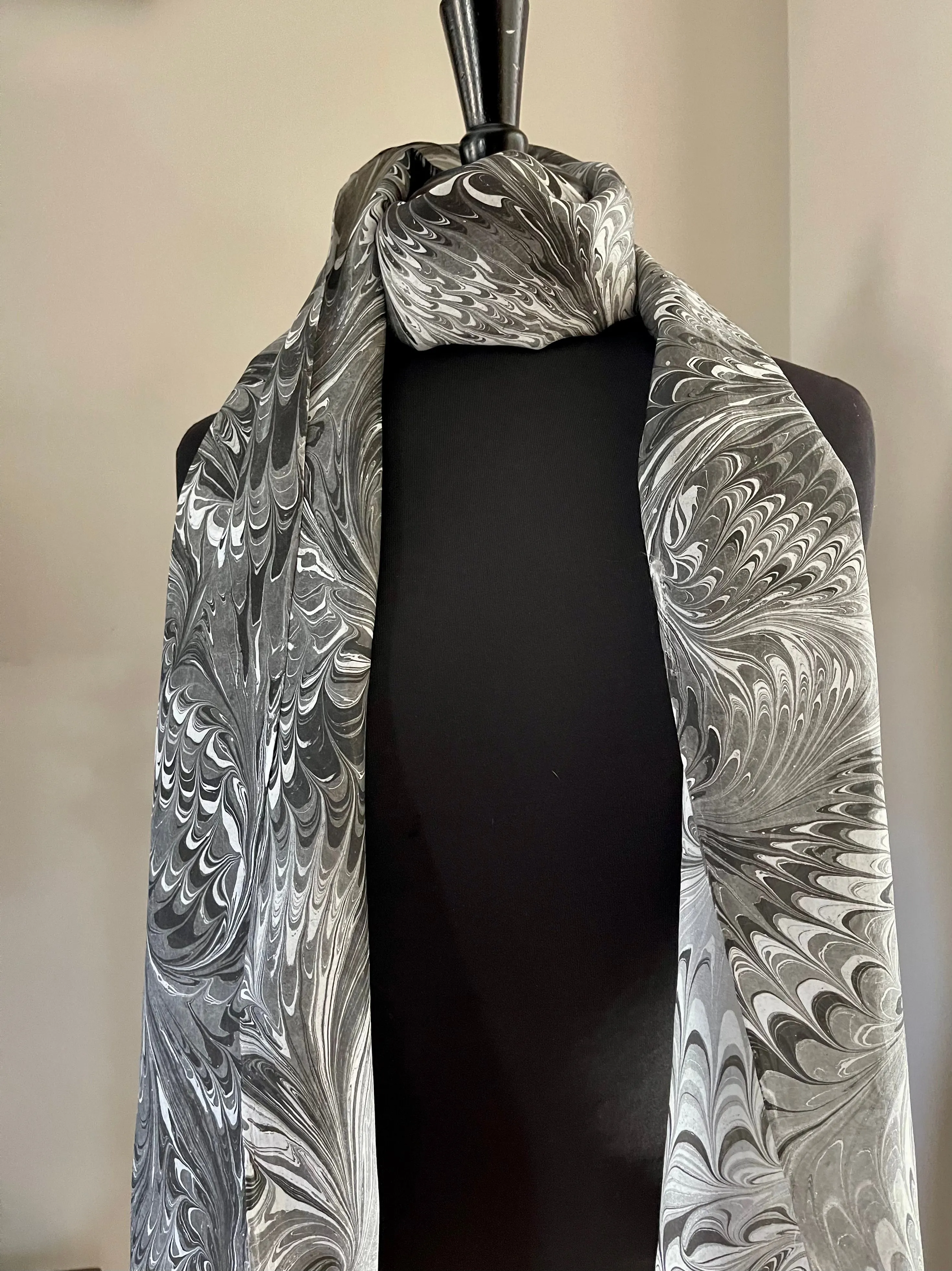 Black gray white combed  water marbled 8mm Habotai silk.  Hang on the wall, use as a table runner or wear this unique piece