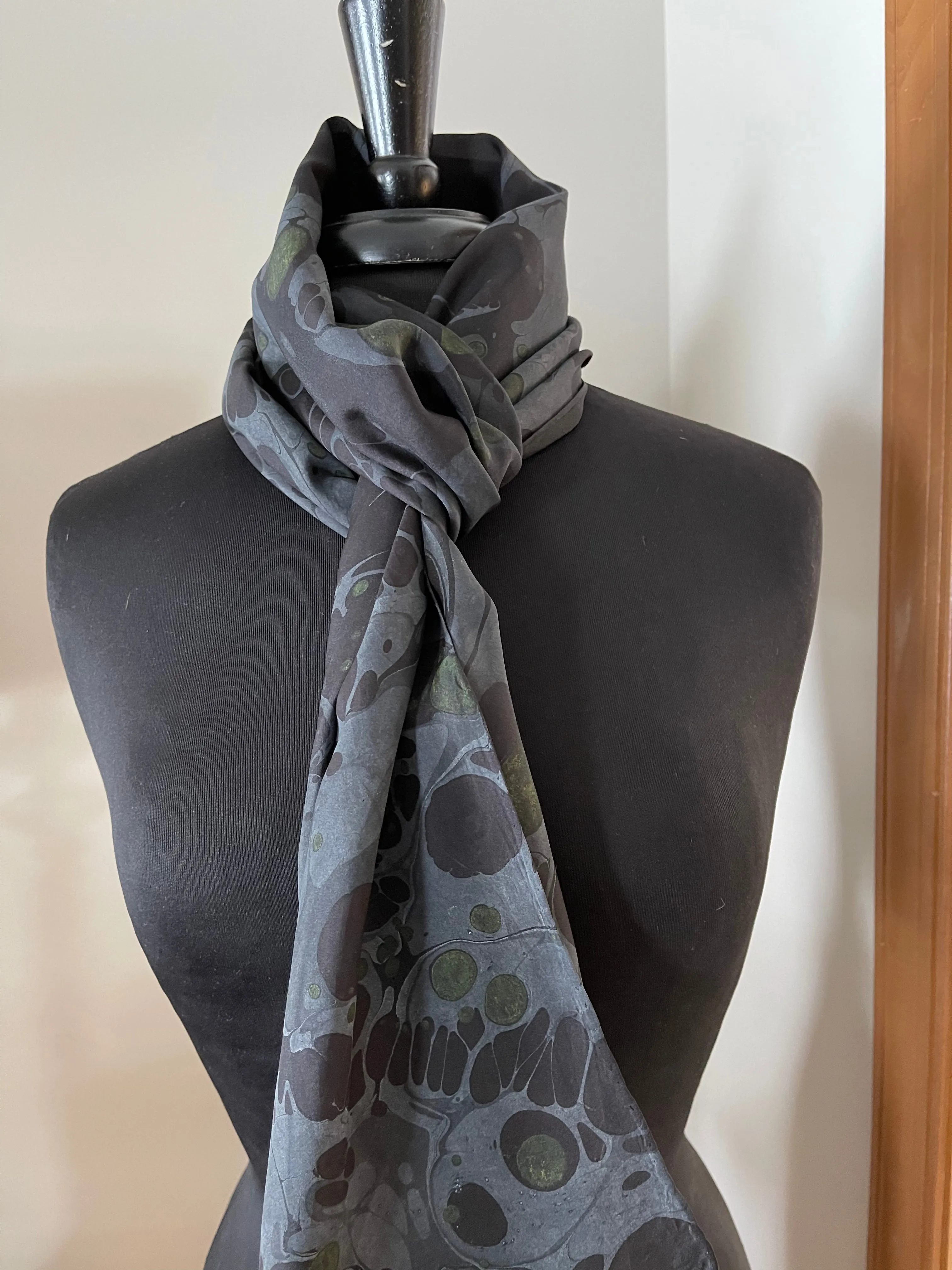 Black Stone Pattern Water Marbled Habotai Silk 14x72.