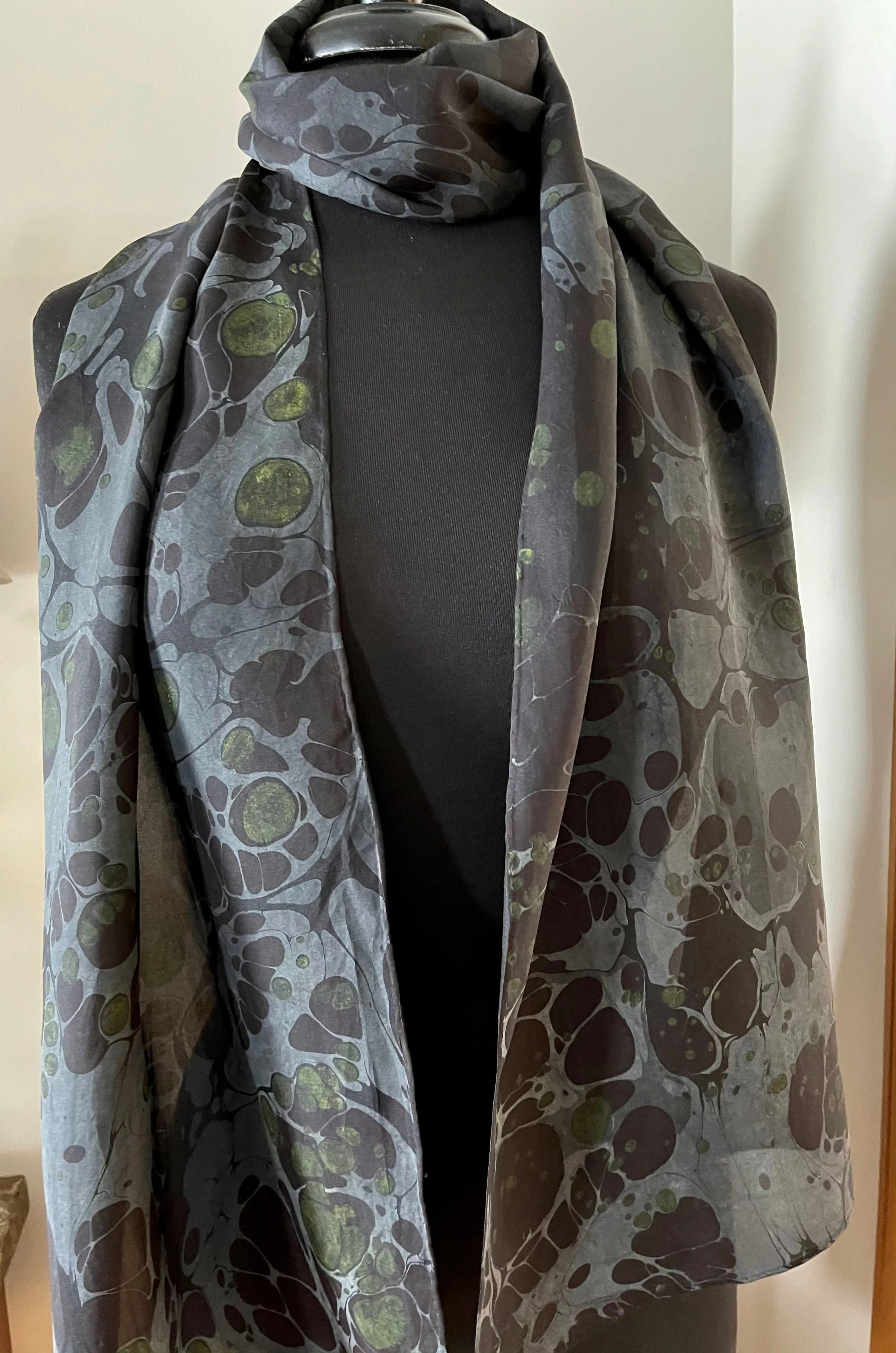 Black Stone Pattern Water Marbled Habotai Silk 14x72.