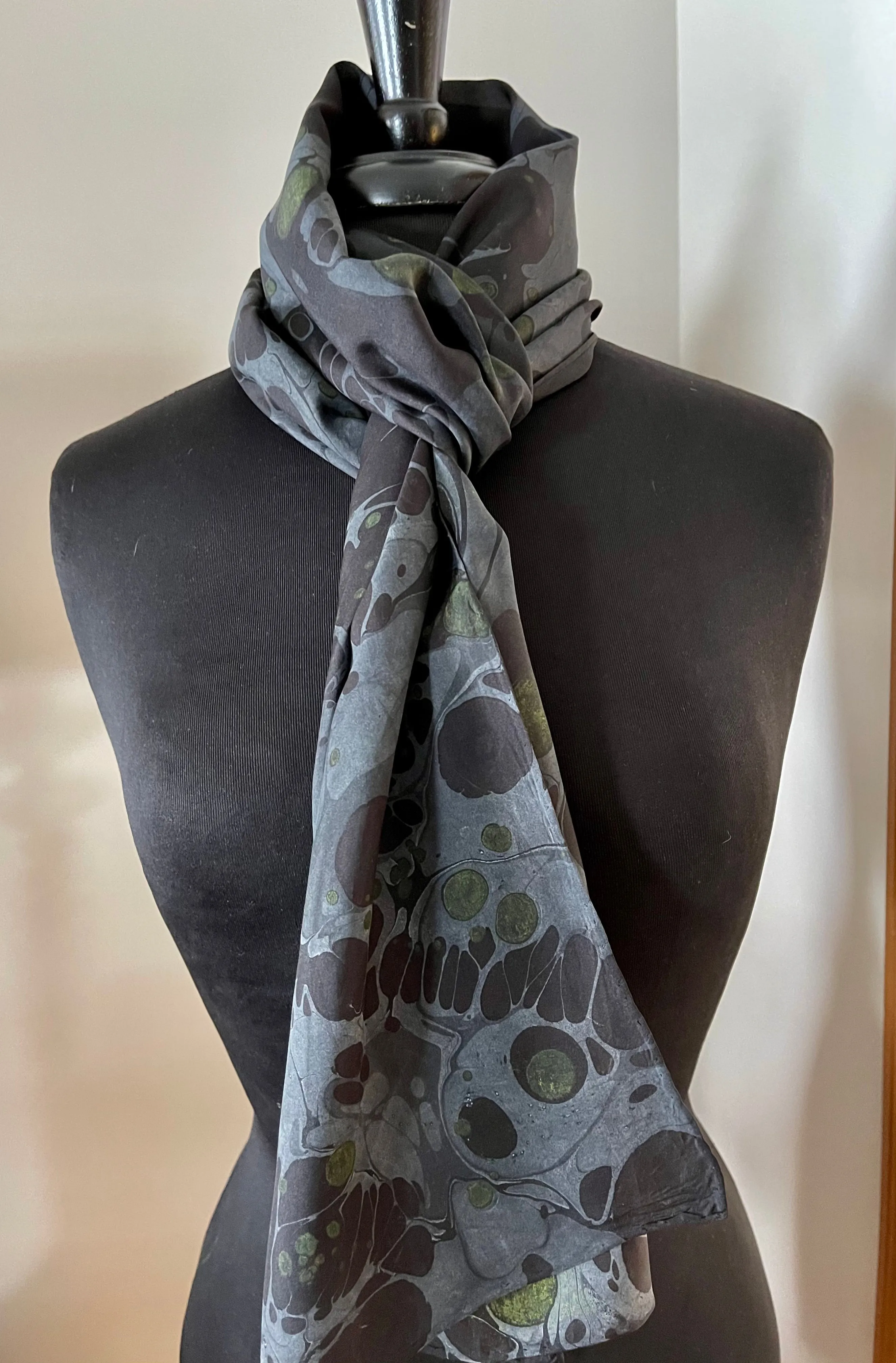 Black Stone Pattern Water Marbled Habotai Silk 14x72.