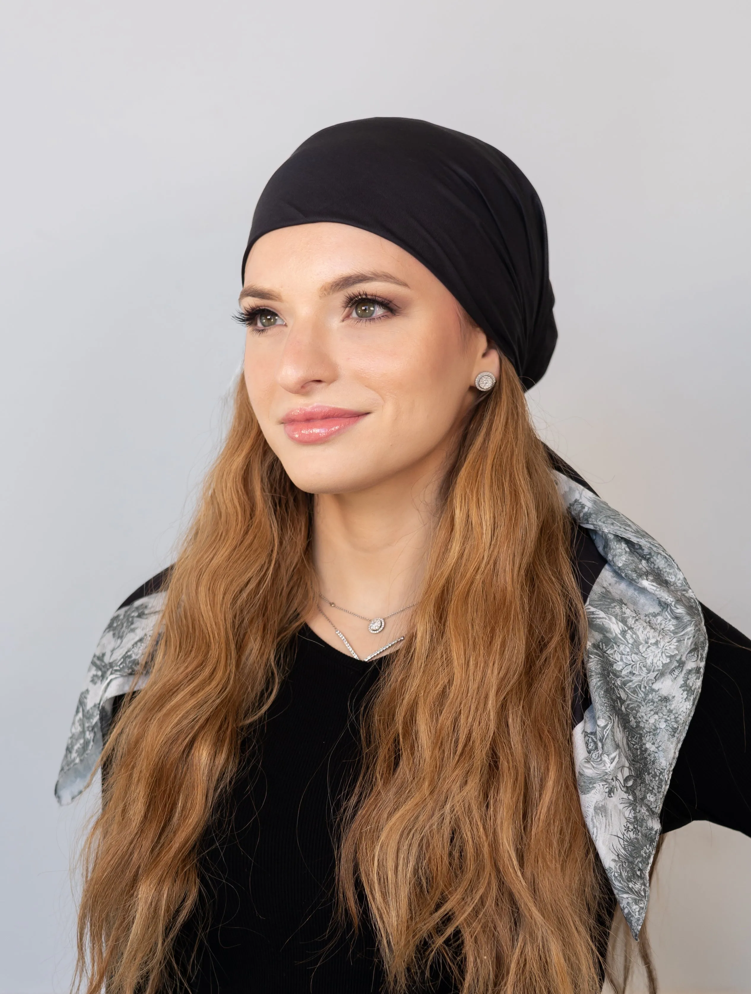 Black With Neutral Toile Border Head Scarf