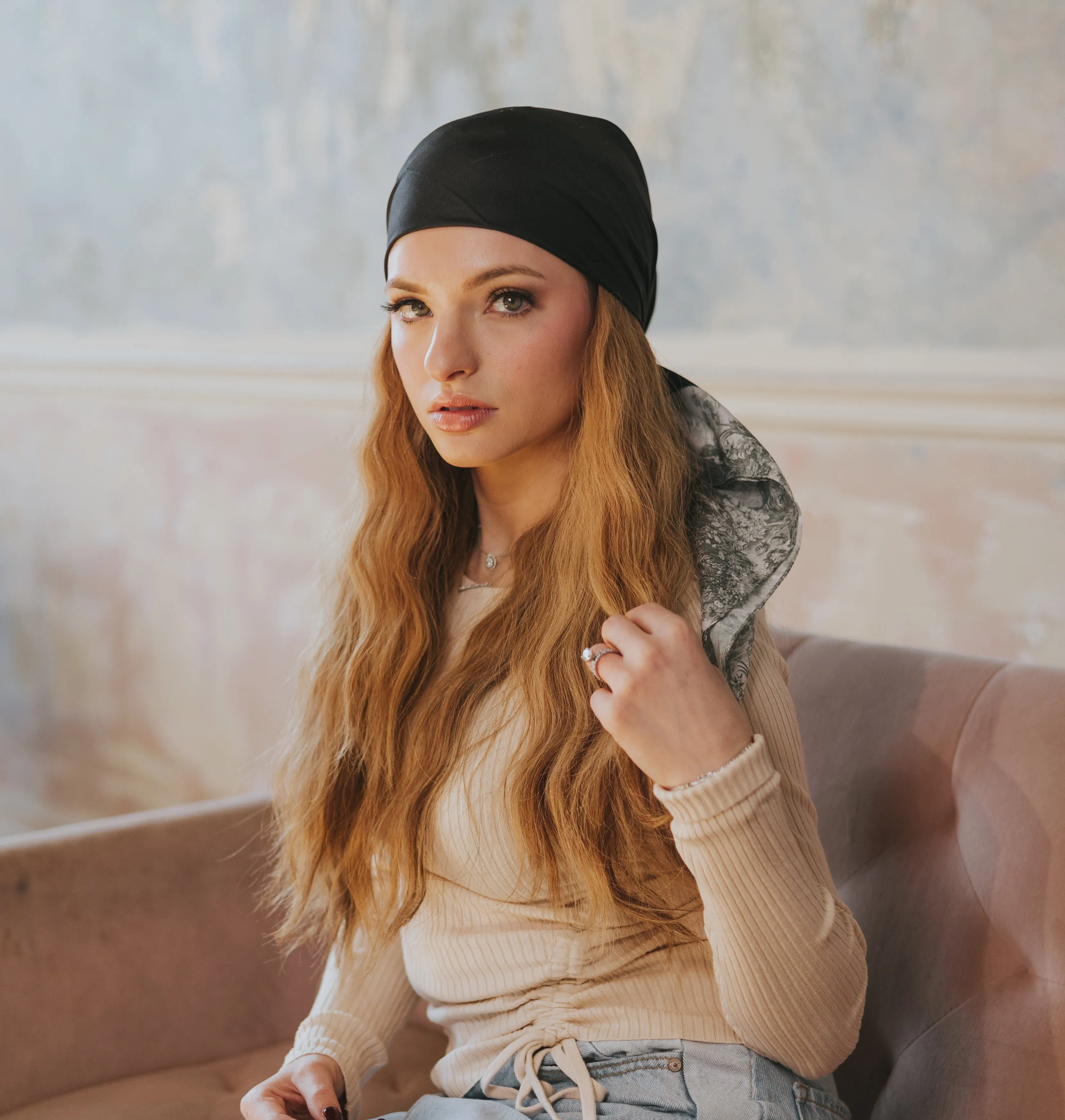 Black With Neutral Toile Border Head Scarf