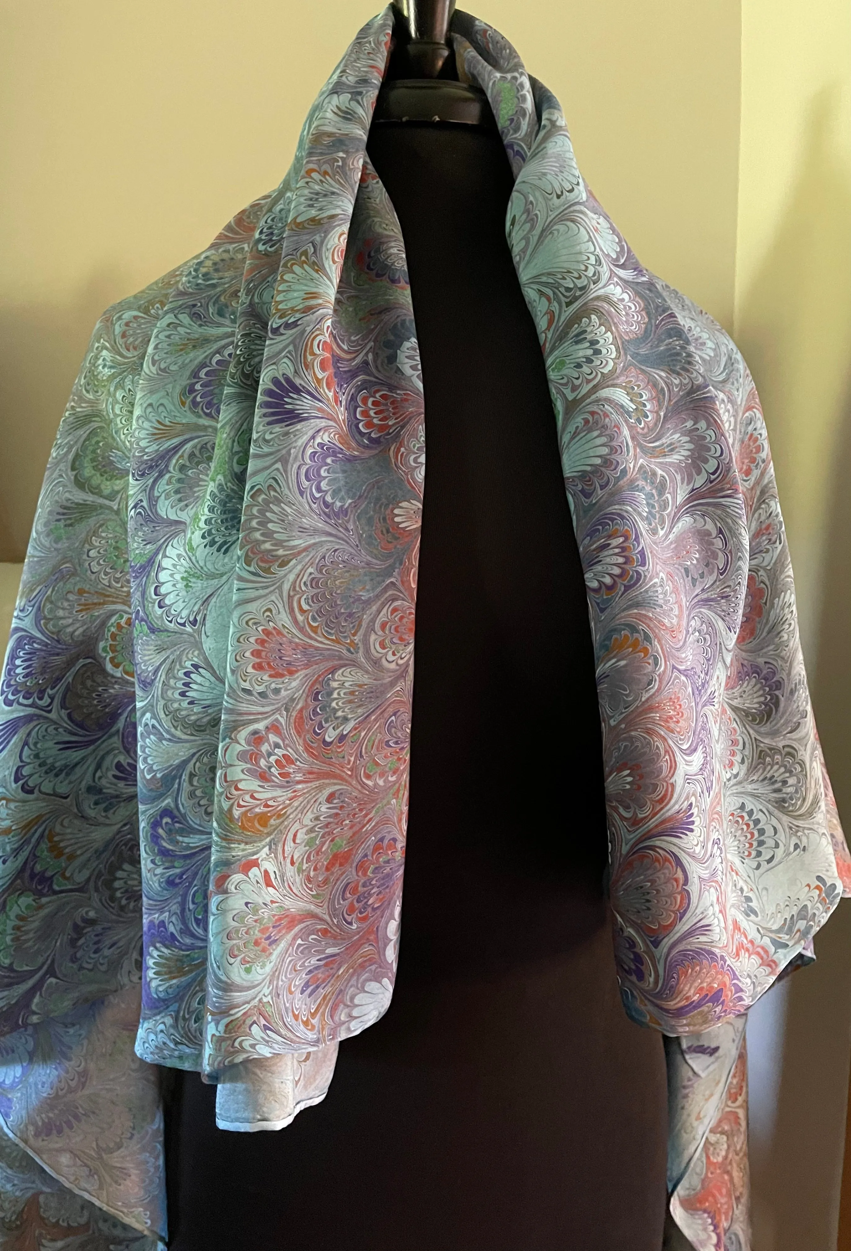 Blue bouquet Sarong Wrap 44x69 water marbled Habotai Silk.