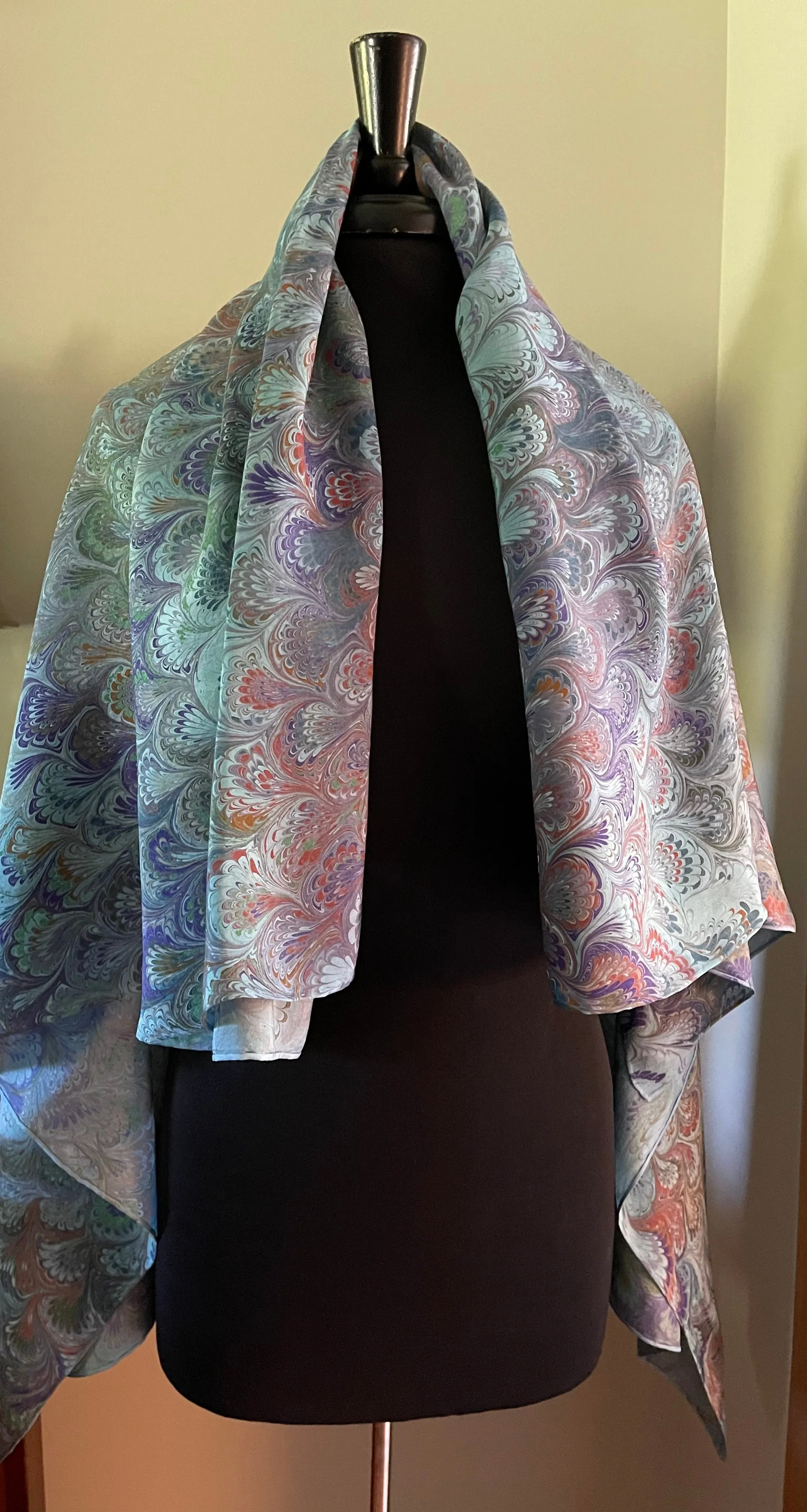 Blue bouquet Sarong Wrap 44x69 water marbled Habotai Silk.