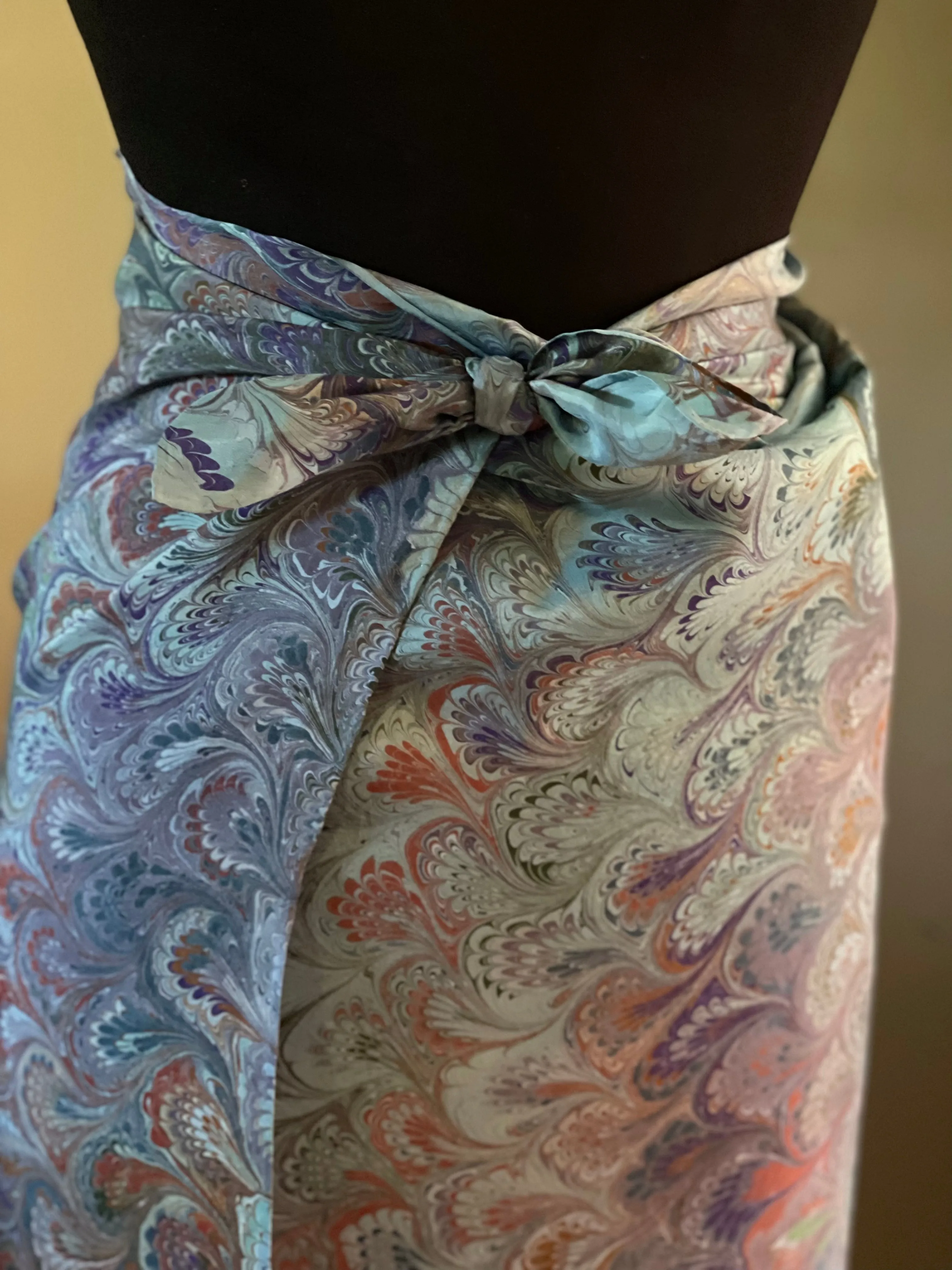 Blue bouquet Sarong Wrap 44x69 water marbled Habotai Silk.