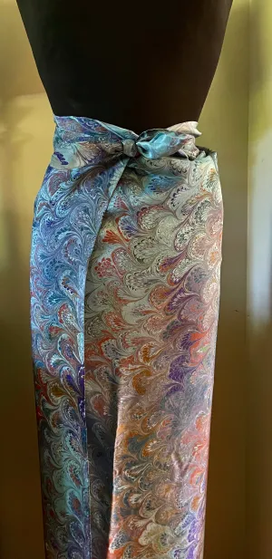 Blue bouquet Sarong Wrap 44x69 water marbled Habotai Silk.
