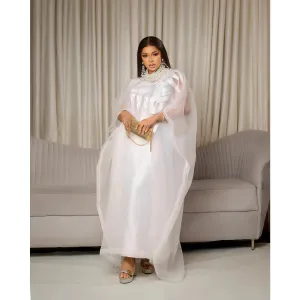 Elegant African White Abaya Dress with Embroidery | Plus Size Women's Party & Church Attire