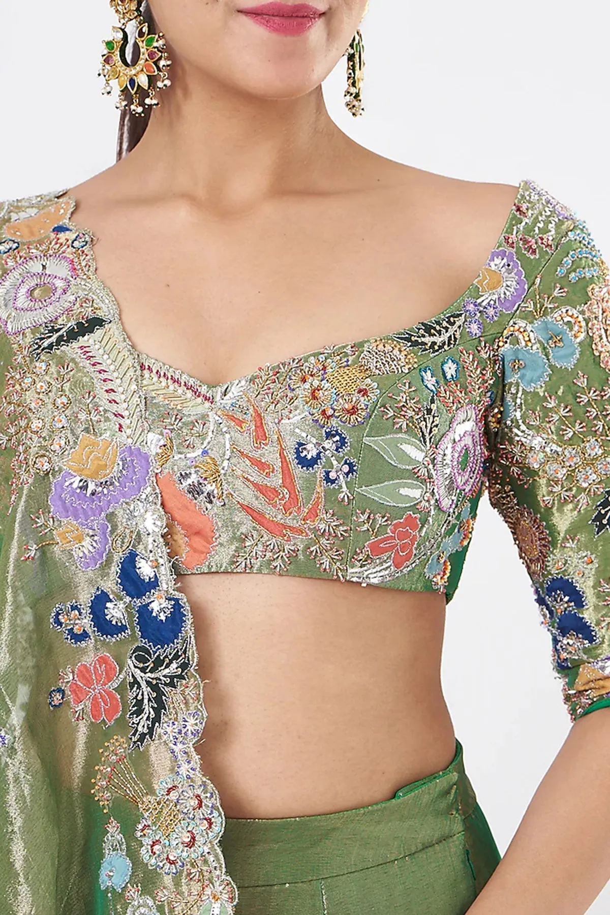 Green Paper Dolls Tissue Appliquéd And Embellished Lehenga With Blouse And Cutwork Tissue Dupatta