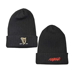 Guinness Knitted Ribbed Turn Up Beanie Hat With Embroidered Guinness Text And Signature