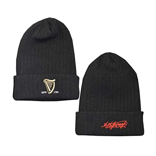 Guinness Knitted Ribbed Turn Up Beanie Hat With Embroidered Guinness Text And Signature