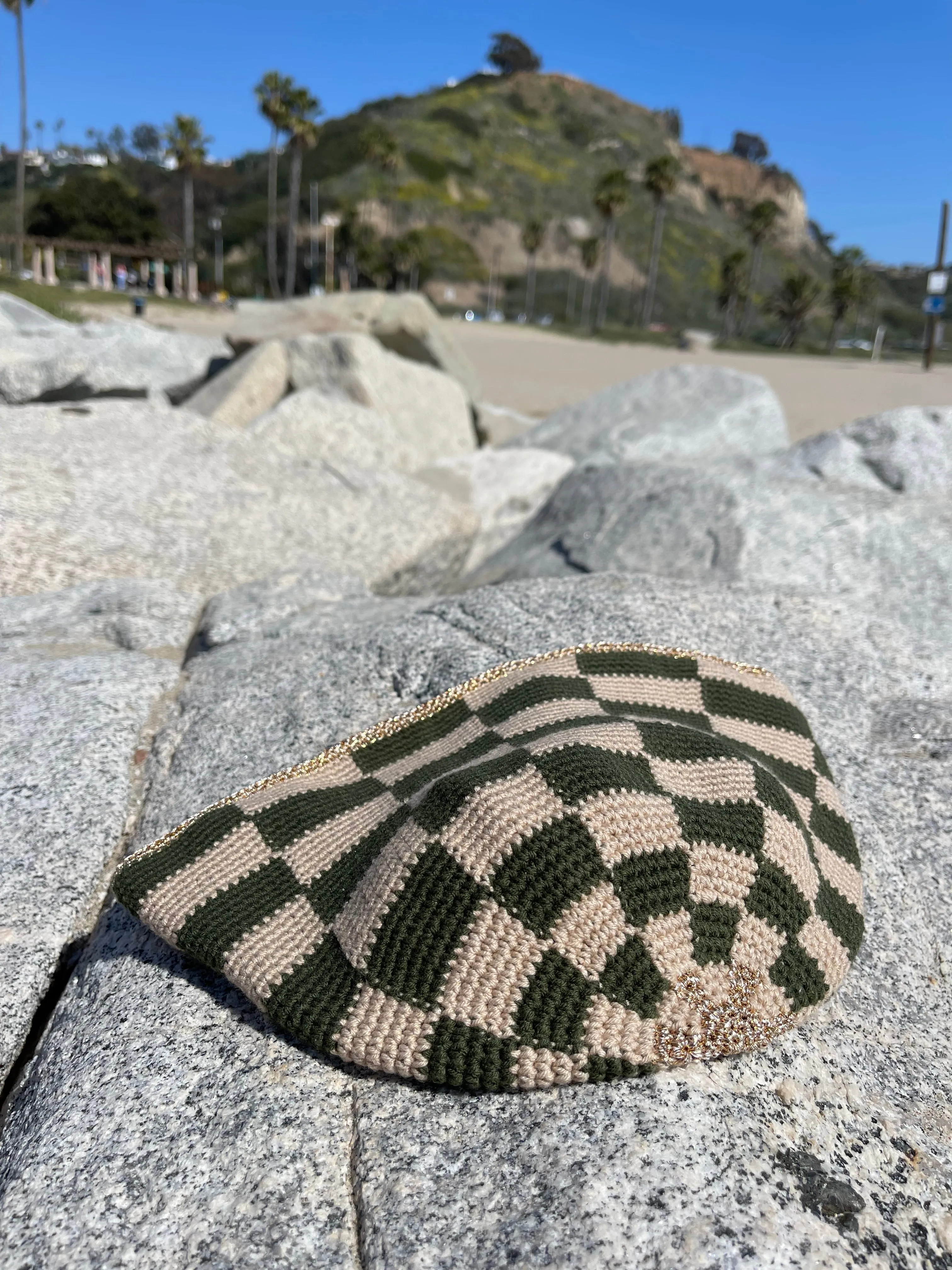 Hand-Crocheted Checkered Khaki Green&Beige Bucket HAT