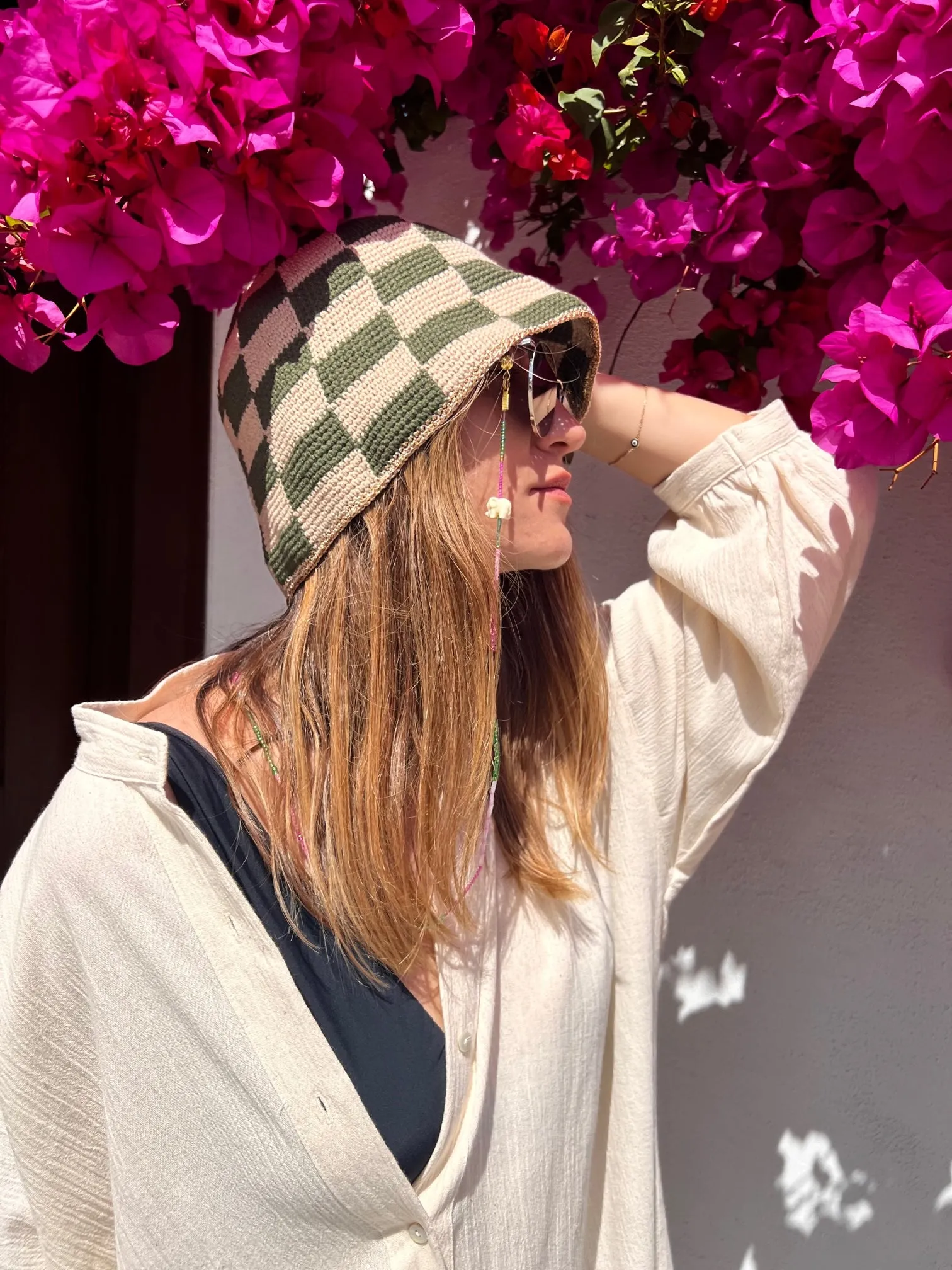 Hand-Crocheted Checkered Khaki Green&Beige Bucket HAT