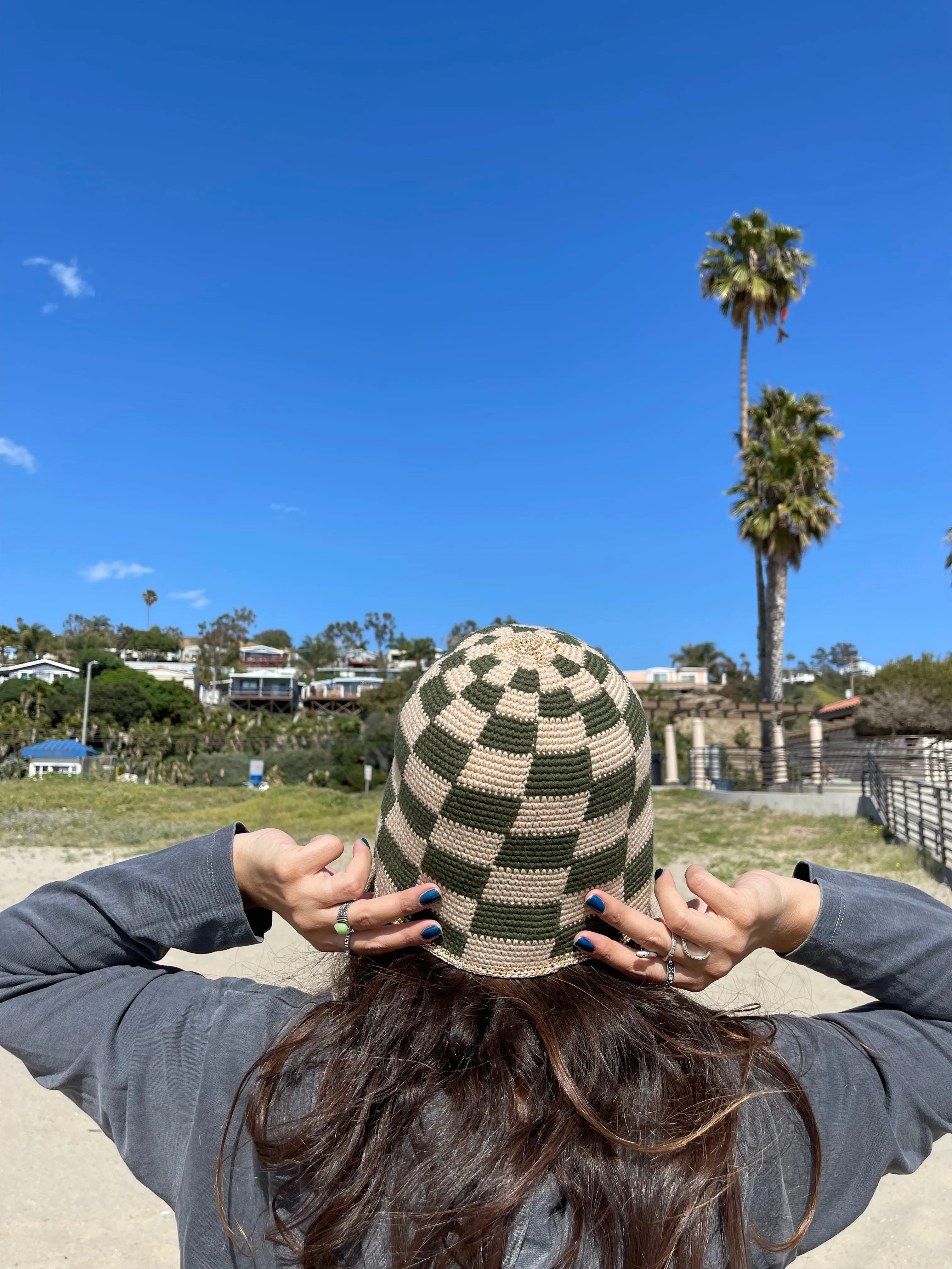 Hand-Crocheted Checkered Khaki Green&Beige Bucket HAT