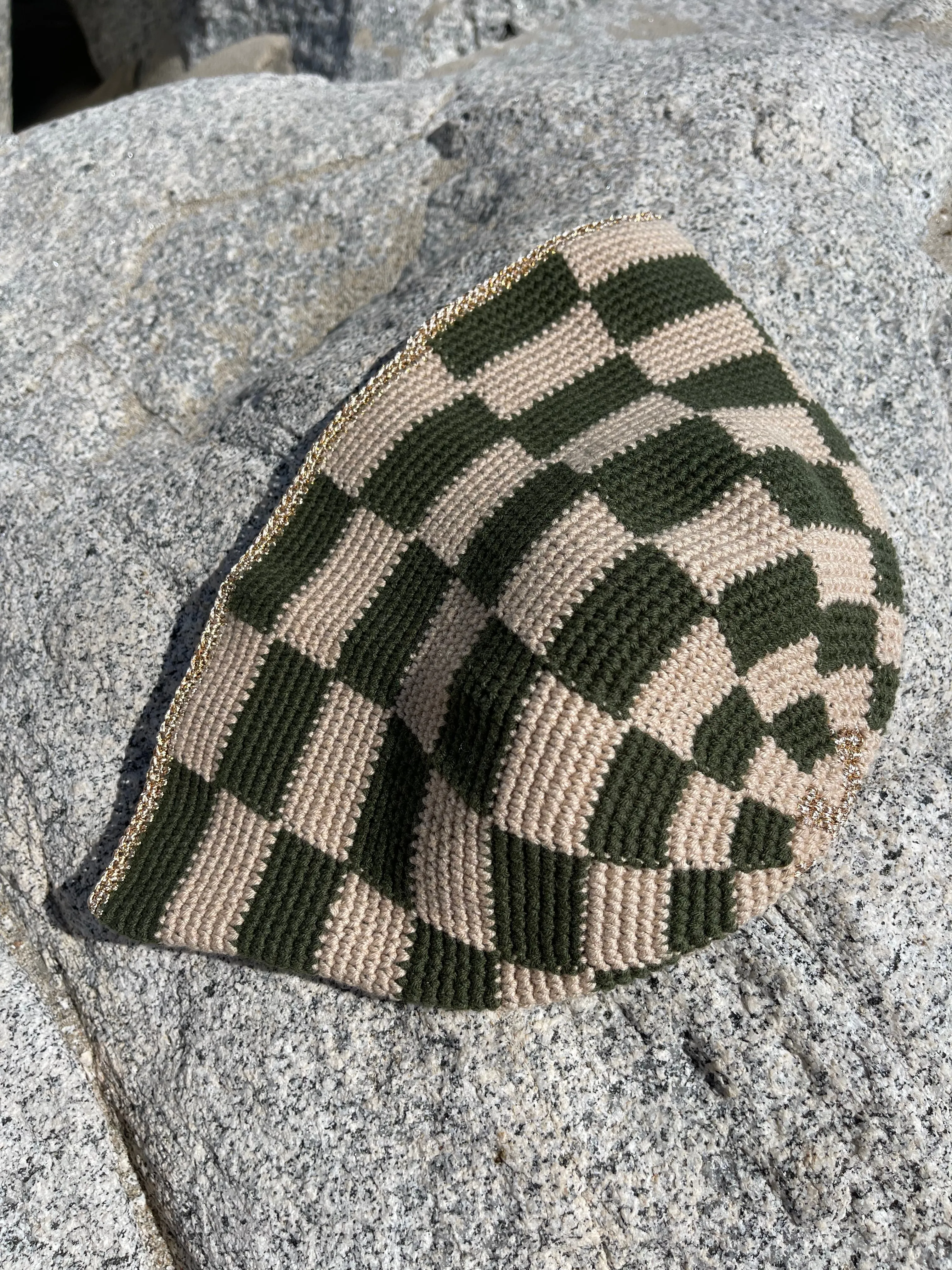 Hand-Crocheted Checkered Khaki Green&Beige Bucket HAT