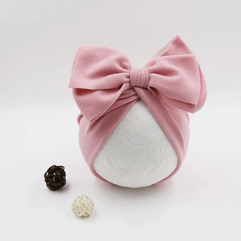 Handamde Elegant Baby Hats for Girls Big Bow Turban Hat Newborn  Baby Beanie Cap Solid Color Style