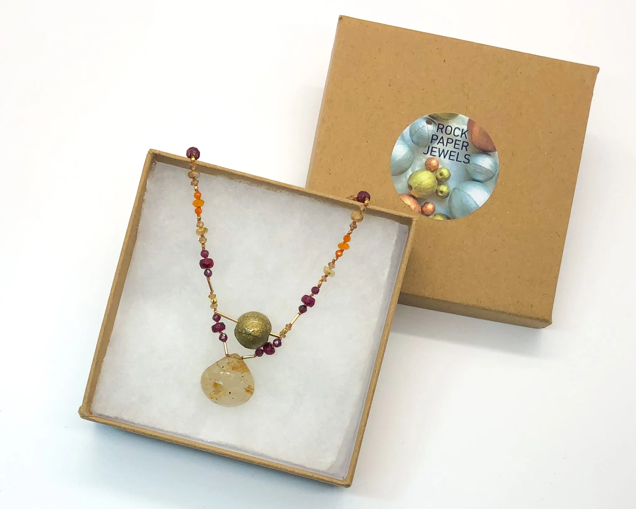 Handmade Paper Bead Pendant Necklace with Knotted Gems