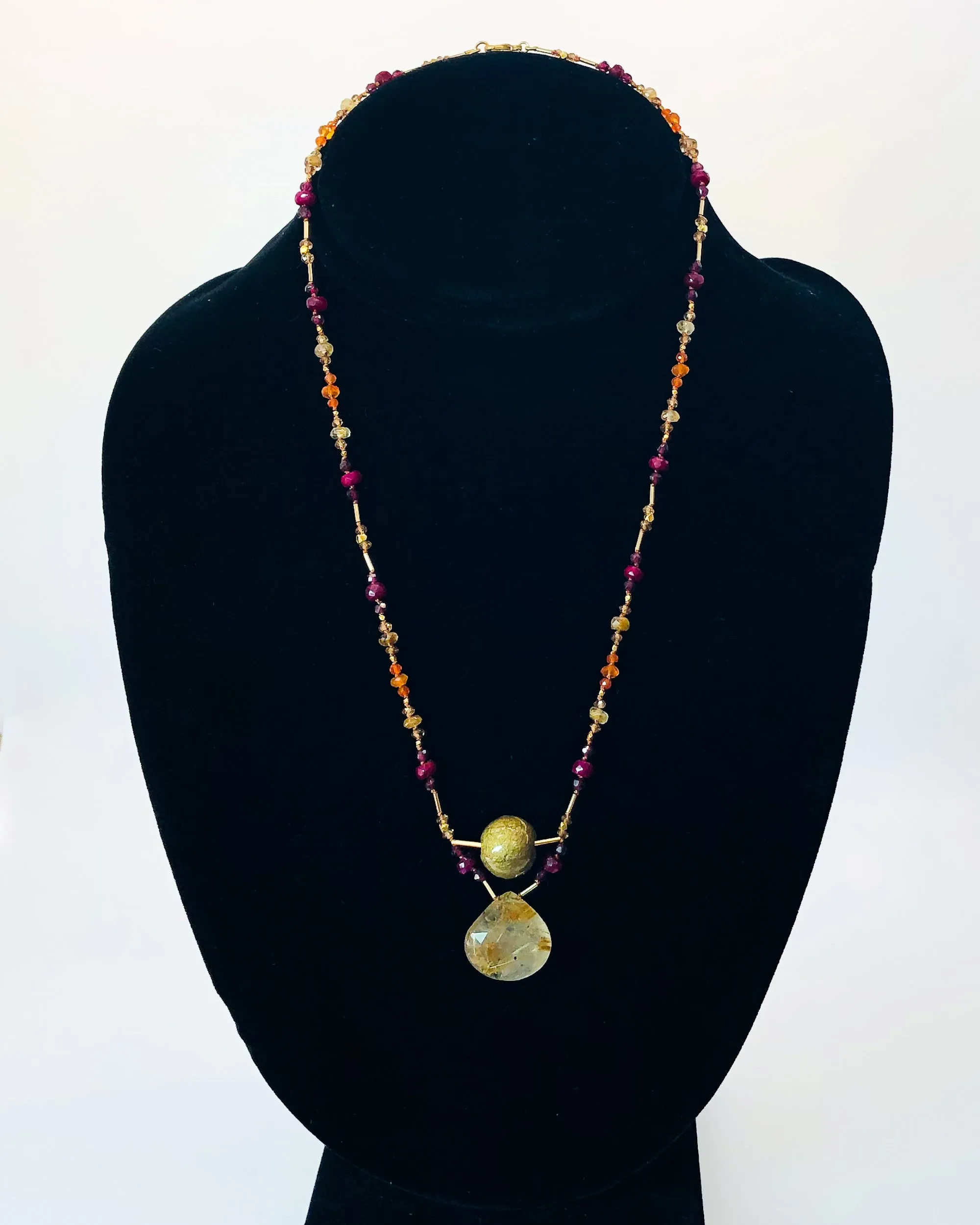 Handmade Paper Bead Pendant Necklace with Knotted Gems