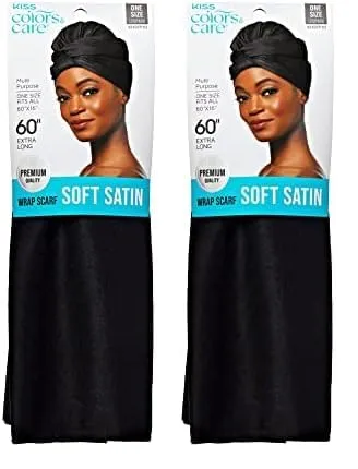 KISS COLORS & CARE Soft Satin Wrap Scarf - Black, Long Lasting, Multi-Purpose, Soft Premium Scarf For Minimizing Frizz, Preventing Breakage & Securing Hair Styles, Wigs & Weaves For All Hair Styles