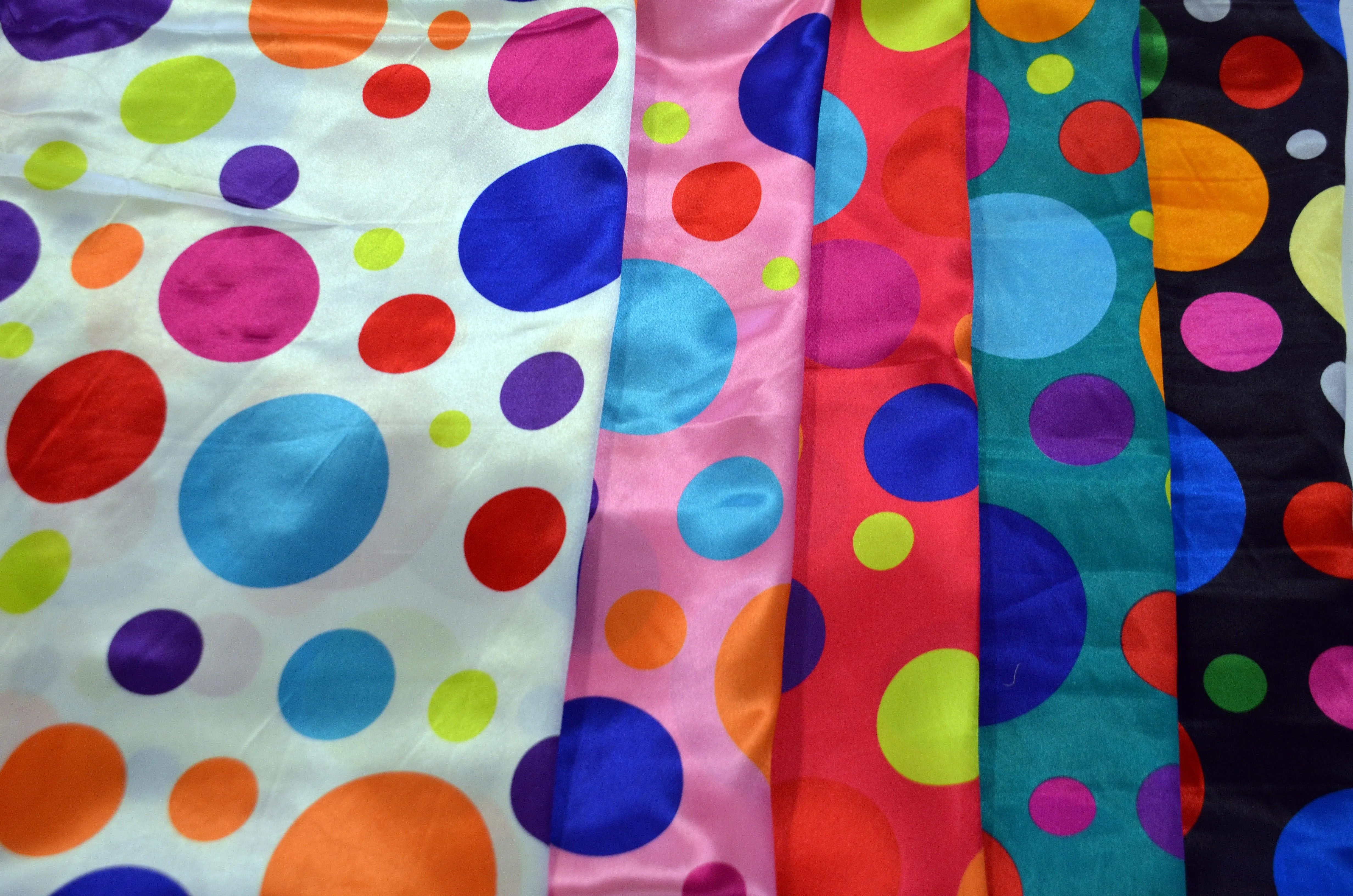 Multi Color Polka Dot Fabric | Polka Dot Satin Charmeuse | 60 Inch Wide | Silky Soft Satin for Dresses & Crafts