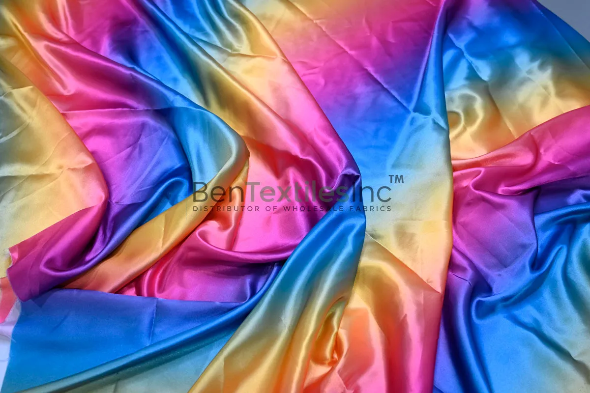 Multi Color Rainbow Satin Fabric | Rainbow Charmeuse Satin | 60 Inch Wide | Silky Ombre Satin for Dresses & Crafts